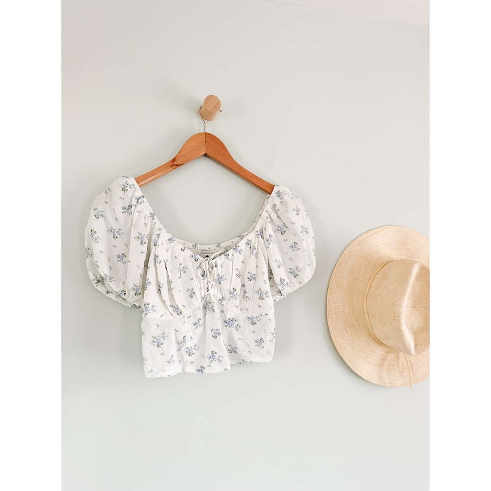 Hollister | Blue Floral Puff Sleeve Corset Crop Top Cottagecore | Sz S